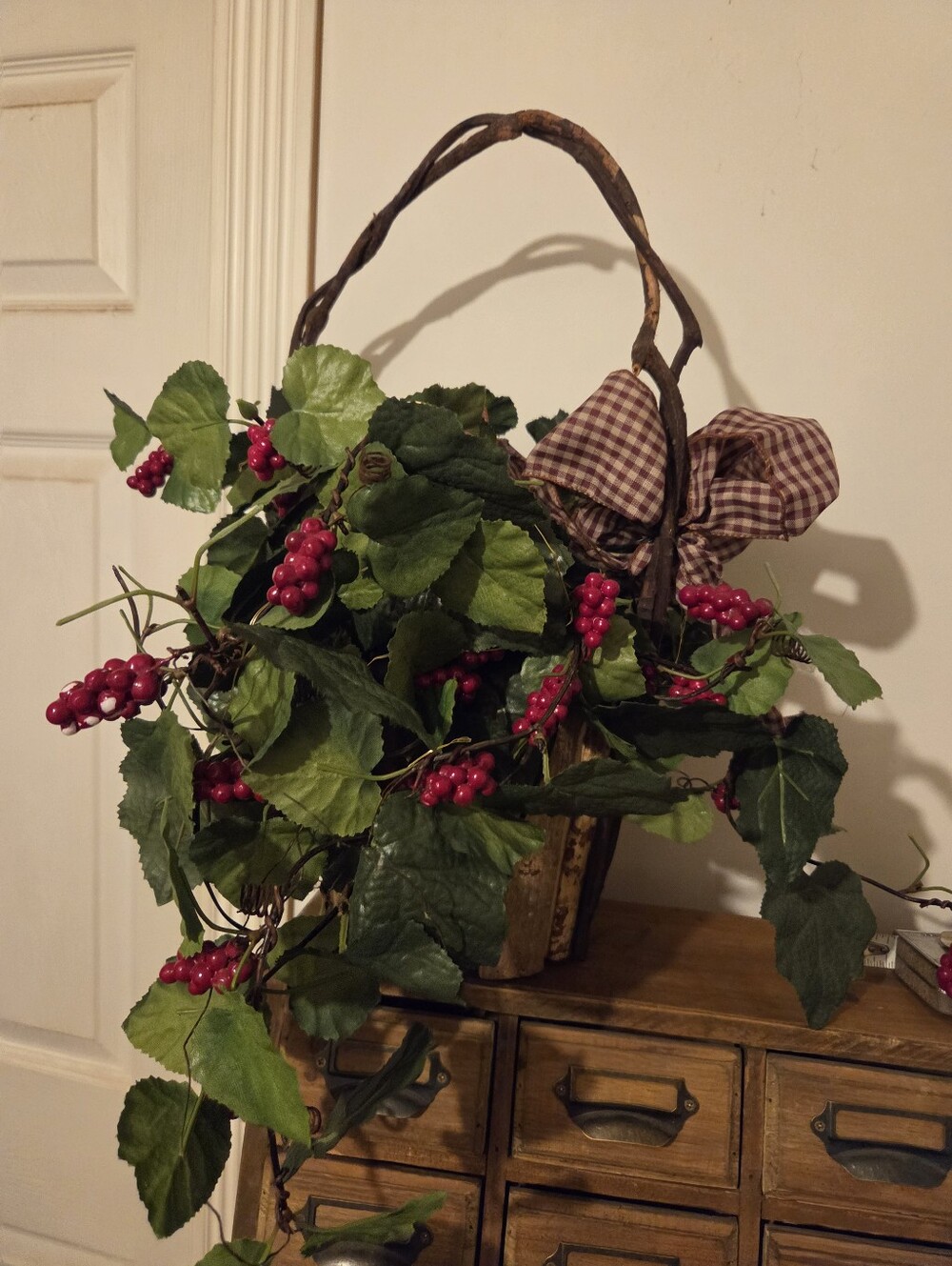 Decorative Red Berry and Greenery Basket Accent With Mini Lights BO